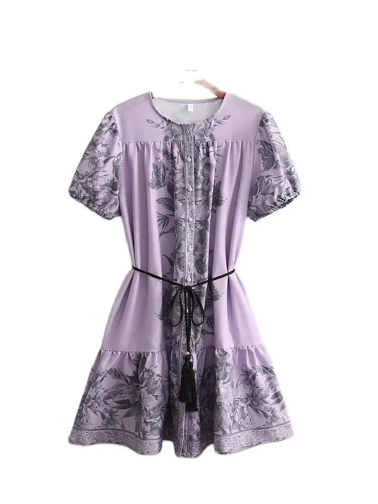 

SLMD Women Boho Crew Neck Short Sleeve Dresses 2022 Fashion Summer Female Print Belt Single Breasted Dress Slim Fit Chic