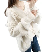 Women Long Sleeve V-neck Knitted Sweater Sweet Style Solid Color Tassel Pullover