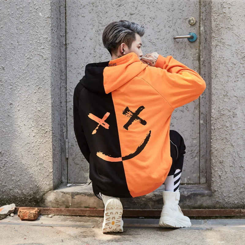 Spring Autumn Male Graffiti Smiling Face Black and White Patchwork Hoodie Men Women Hip-hop Loose Couple Coat Tide | Мужская одежда