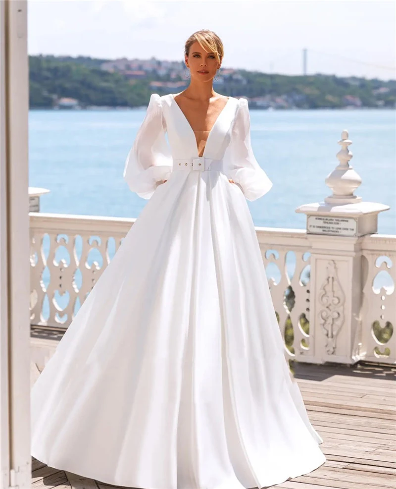 

Pukguro Wedding Dress A Line Puff Long Sleeves Satin Tulle V Neck Leather Belt Korea Bride Mariage Dress Plus Size 2022