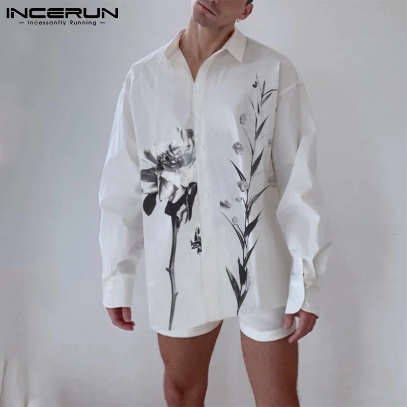 

INCERUN Fashion Men Printed Sets Streetwear Lapel Long Sleeve Shirt Elastic Waist Shorts 2021 Loose Casual Men Suits 2 Pieces