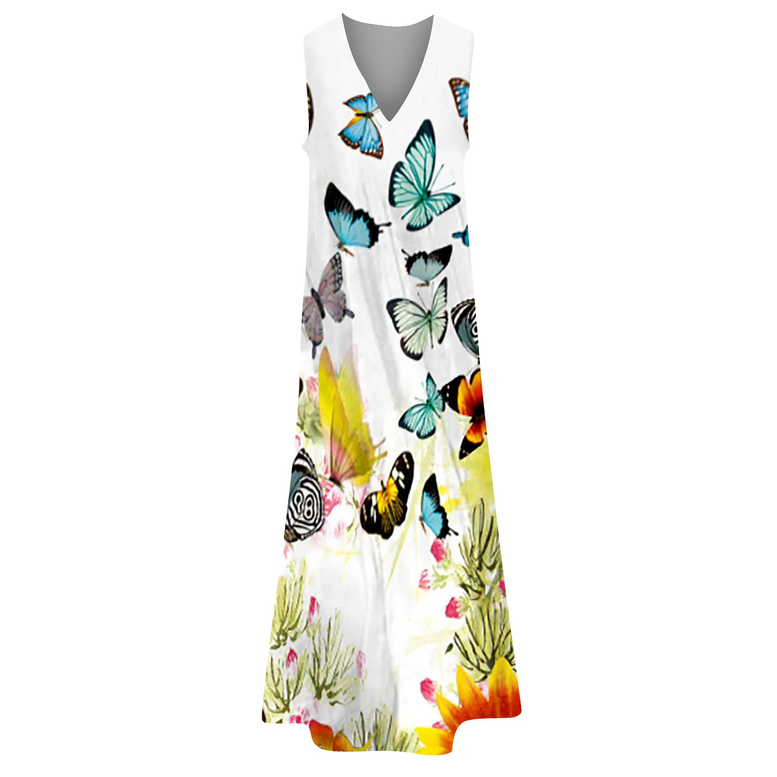 

40# Floral Printed Vintage Bohemian Dress 2021 V-neck Dress For Woman Floor Length Sleeveless Elegant Causal Tank Summer Dress