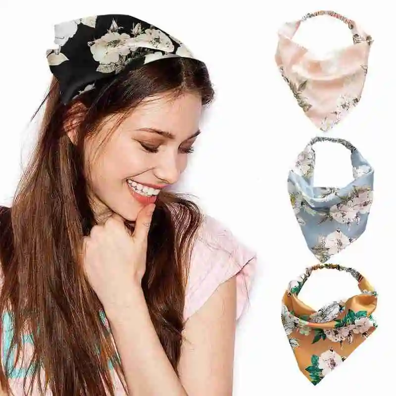 

2021 Fashion Female Girl Summer Satin Triangle Scarf Bag Hair Band Elastic Elastic Band Headband Printing Headband