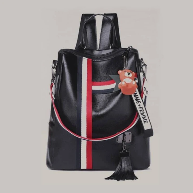 Fashion Backpack Female Shoulder Bag All-purpose PU Waterproof Double Shoulder Bag Casual Portable Bear Pendant