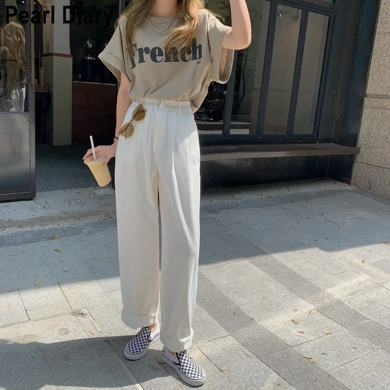 

Summer Vintage Loose Casual Pants Women Elastic Waist Solid Color Trousers Women 2021 Korean Fashion Leisure Wide Leg Pant