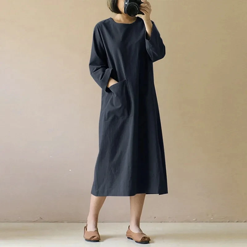 

Cotton and linen dress mid-length, literary retro long-sleeved Japanese Mori female plus size women's clothing