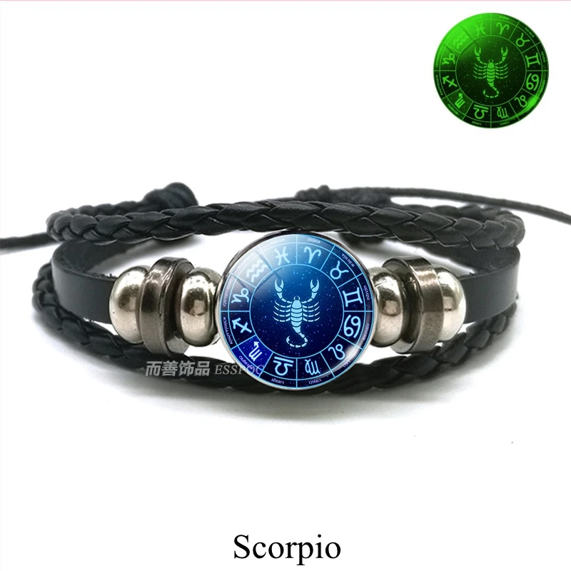 12 Constellation Zodiac Luminous Bracelet Men Leather Charm Bracelets for Boys Women Girl Jewelry Accessories Gifts | Украшения и