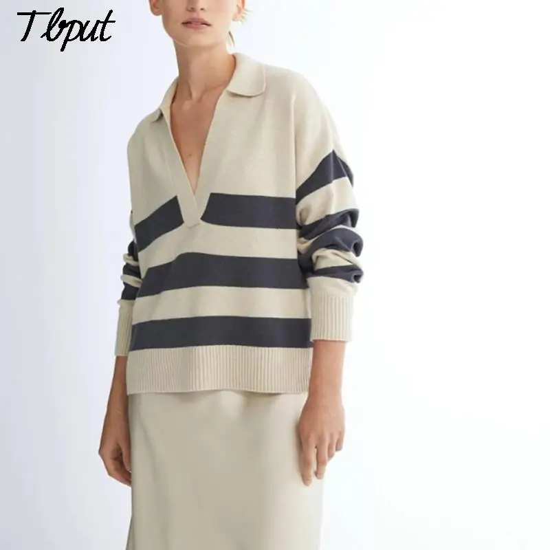 

2021 Office Lady Striped V Neck Women Sweaters Polo Shirt Long Sleeve Oversized Top Jumper Female Casual Sweaters Pullover
