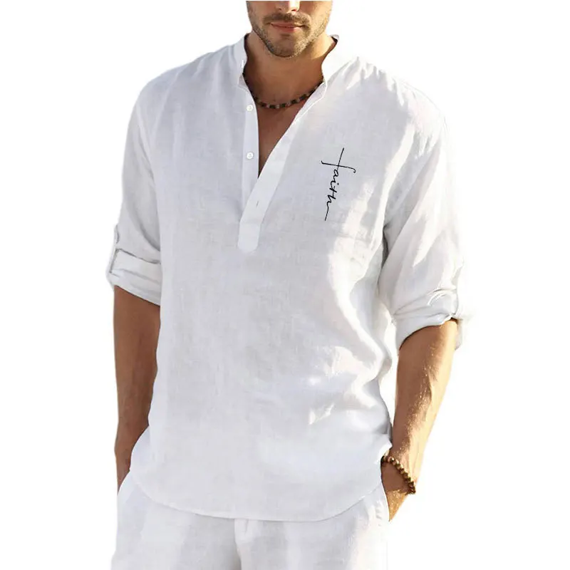 

Men's Adjustable Sleeves Stand-Up Collar Cotton Linen Solid Color Long-Sleeved Shirt For Casual Daily Loose For Men Clothing
