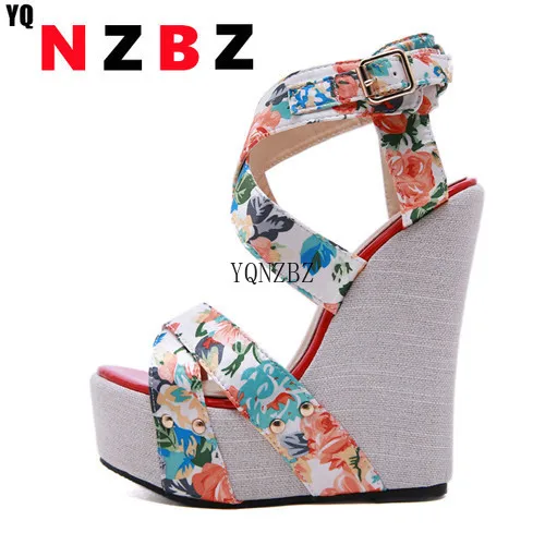 

YQNZBZ Summer Fashion Wedge Platform Woman Sandals Shoes Buckle strap Silk Printed Sexy Female Party Casual Sandals Shoes
