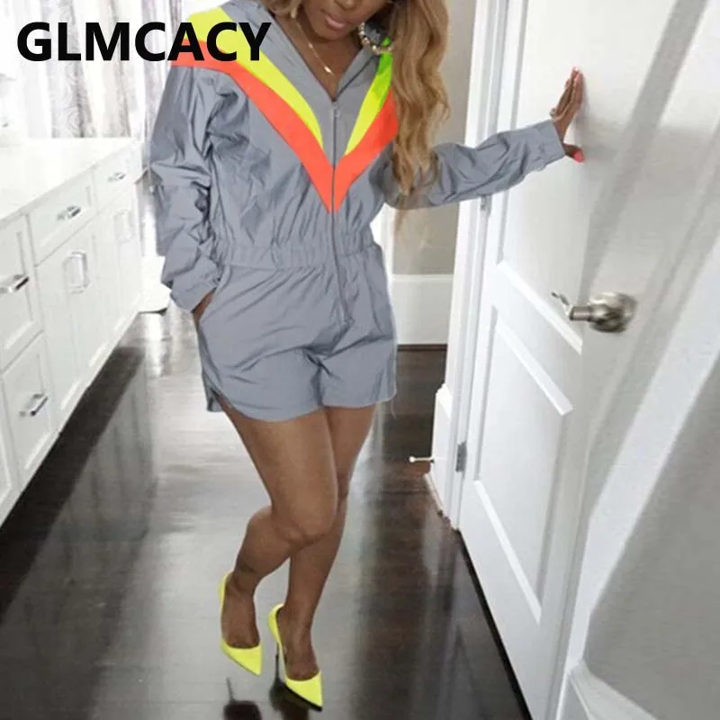 

Women Long Sleeve Zipper Front Hooded Playsuit Chic Streetwear Casual Rompers