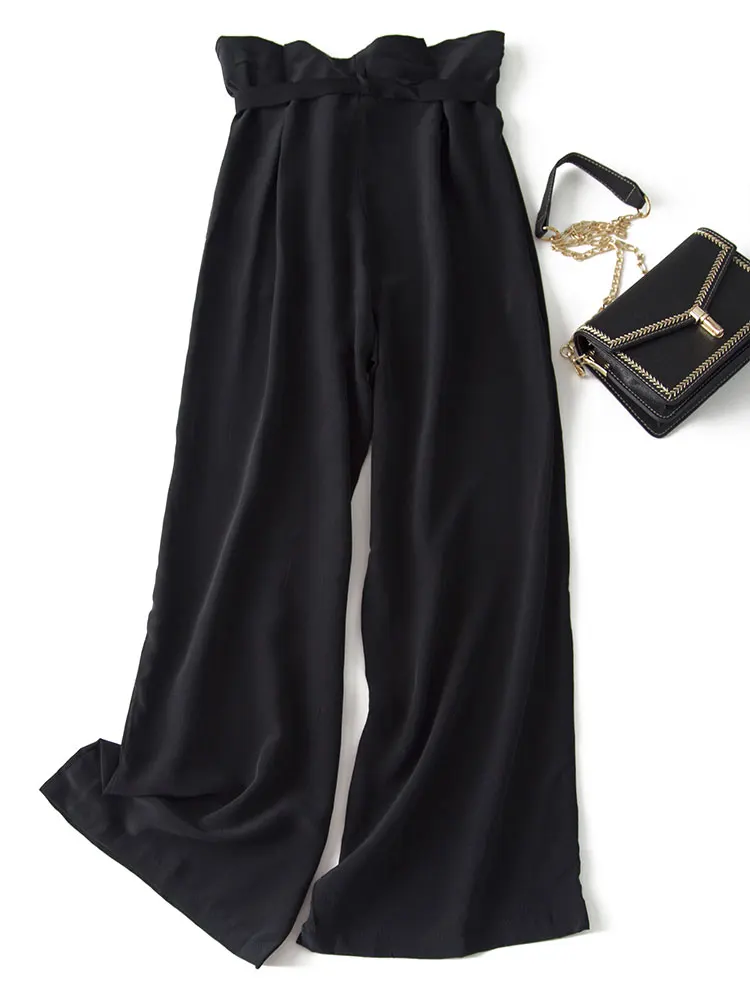 2021 Fashion Frontier Temperament Commuting Pure Silk Broad Leg Trousers Belt Flower Bud Women's Paper Bag Pants