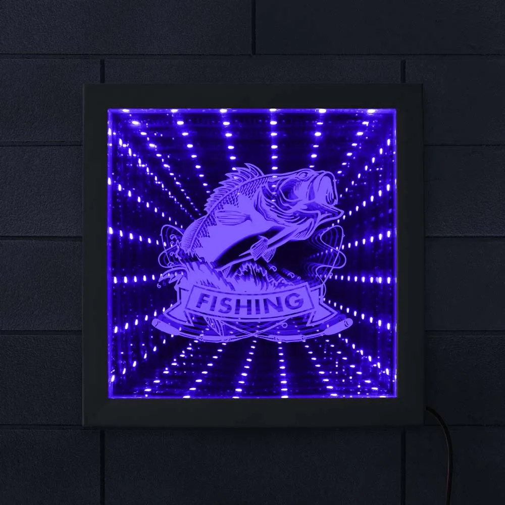 

Fishing Sea Bass LED Neon Light Bass Fish Tunnel Lamp LED Infinity Mirror Frame Fisherman Lighting Home Decor Man Cave Gift