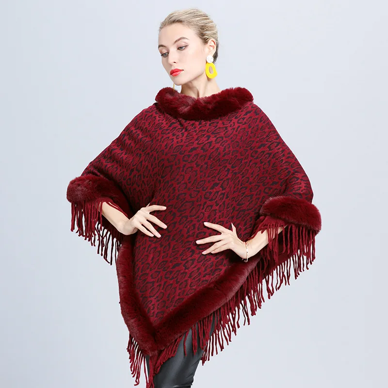 

2020 New Autumn Tassel Coat Women Faux Fur Plus Size Sweaters Out Street Poncho Leopard Printed Cape Loose Knitted Pullovers