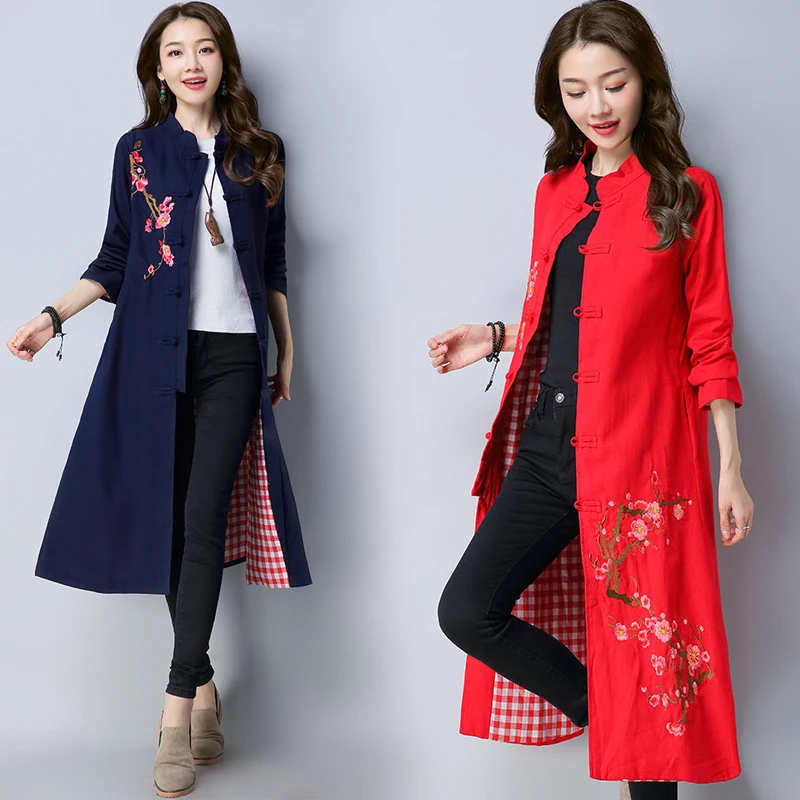 

Chinese Traditional Autumn Winter Women Coat Red/Blue Retro Embroidery Cotton Linen Hanfu Female Ancient Elegant Cloak DQL2153