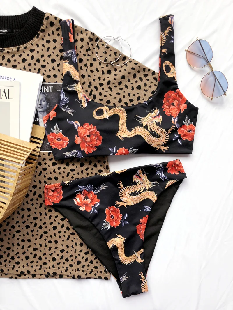

2021 High Waisted Push Up Bikini Sets Sexy Swimsuit Two Pieces Floral Dragon Swimwear Women Biquinis 2021 Beach Bathing Suit
