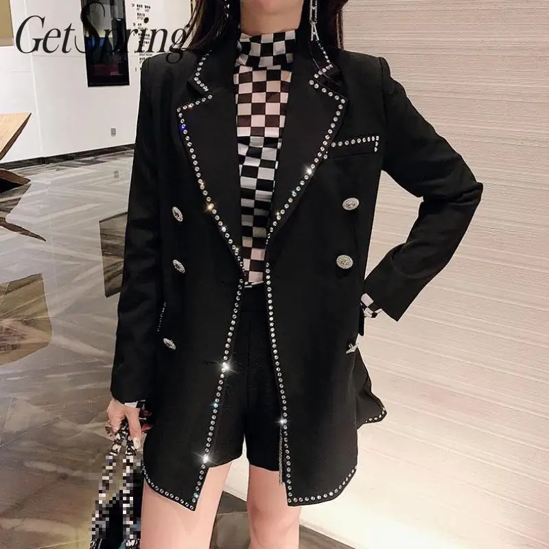 Getвесна Женский блейзер алмазный черный длинный для женщин блейзеры куртки с