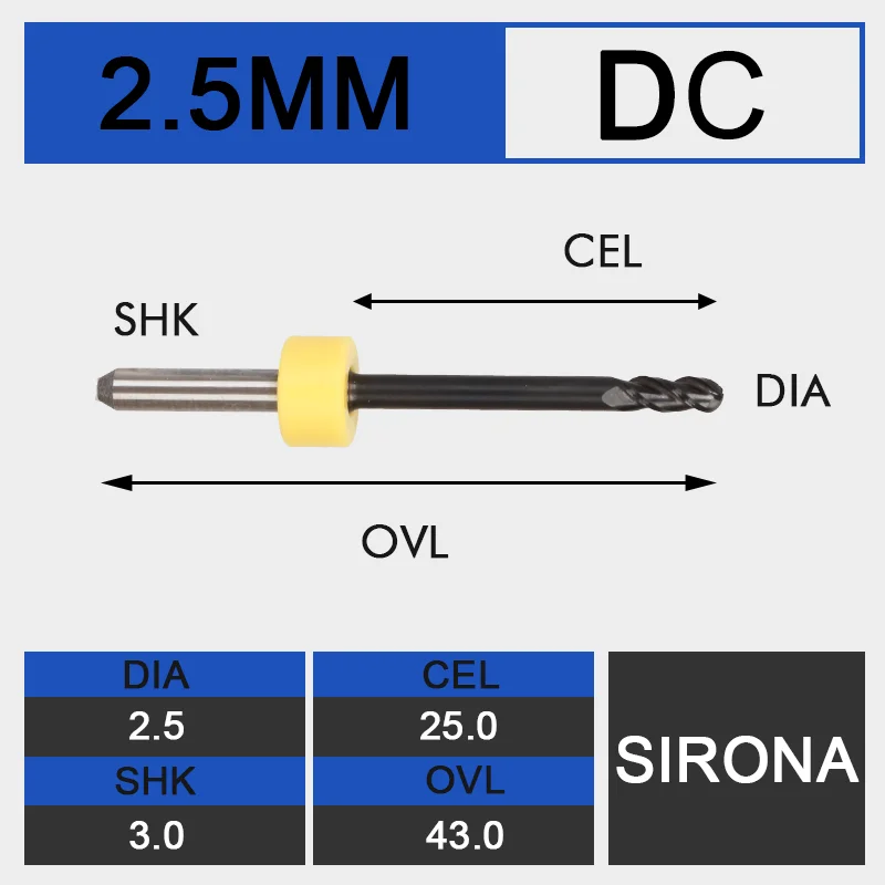 d2.5-D3-43-DC UCHEER 0,5/1,0/2,5 Sirona стоматологические фрезерные Бур с изумрудным покрытием для MCXL 5 Вольфрам твердосплавные фрезы для кройки циркония из оргстекла ПММА и воск - Cutting Edge Length: d2.5-D3-43-DC