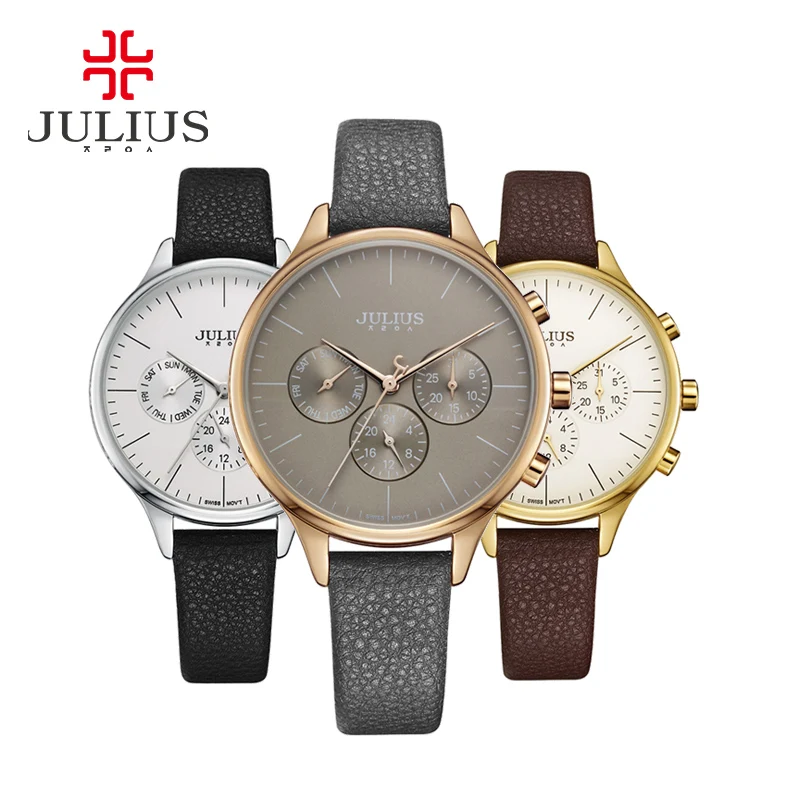 JULIUS Frauen Luxus Uhr  Woche Datum Stoppuhr Silber   Echtes Leder  Uhr OL Geschenk Whatch JA-952