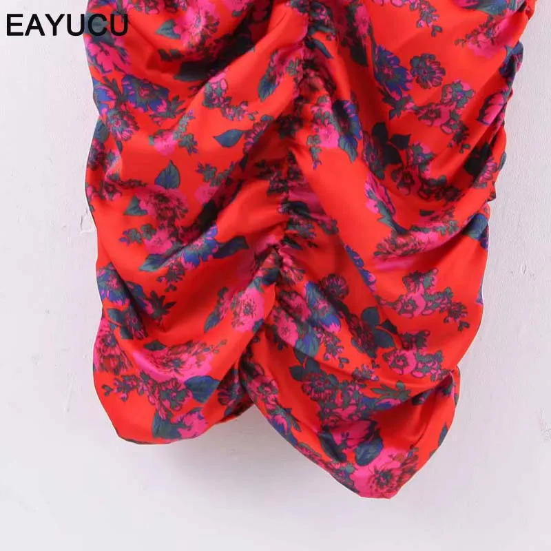 

EAYUCU Deep V Neck Pleats Skinny Dress Ladies Elegant Floral Print Puff Sleeve Chic Mid-Long Party Dresses Vestidos ED013