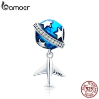 bamoer real 925 sterling silver sparkling star and plane dream clear cz blue enamel charms fit bracelets diy jewelry scc887