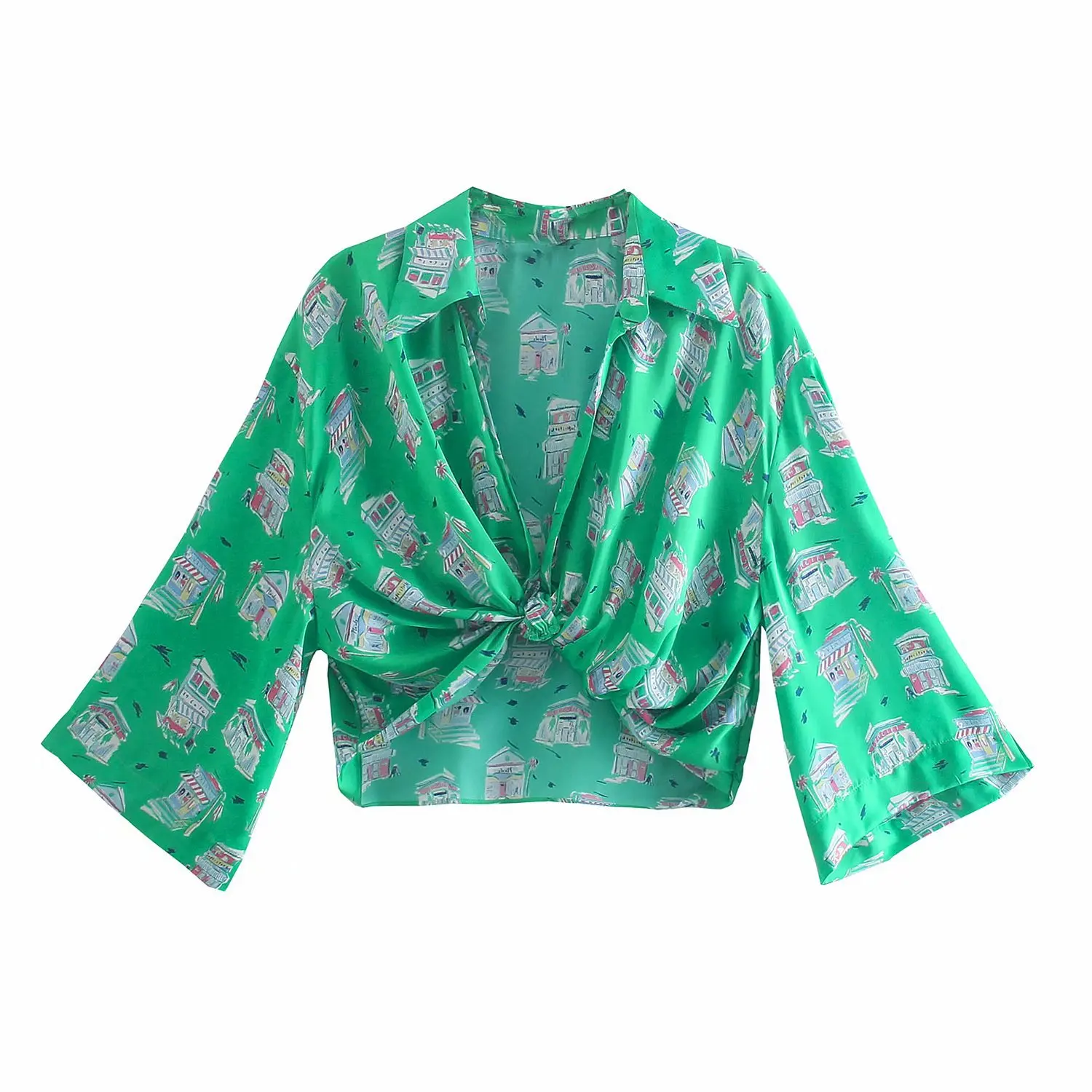 

Beach shirt women's summer new fashion knot flower print lace up shirt beach casual loose lace up shirt women