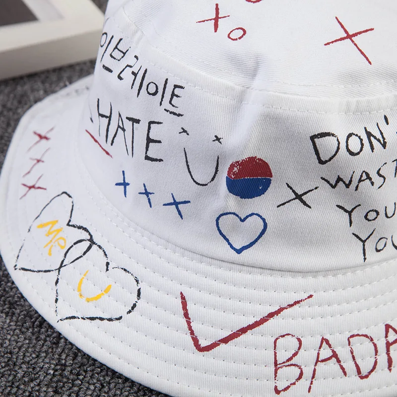 

2021 High Quality Unisex Harajuku Bucket Hat Graffiti Letter Women Men Fishing Fisherman Hat Summer Outdoor Panama Hip Hop Cap