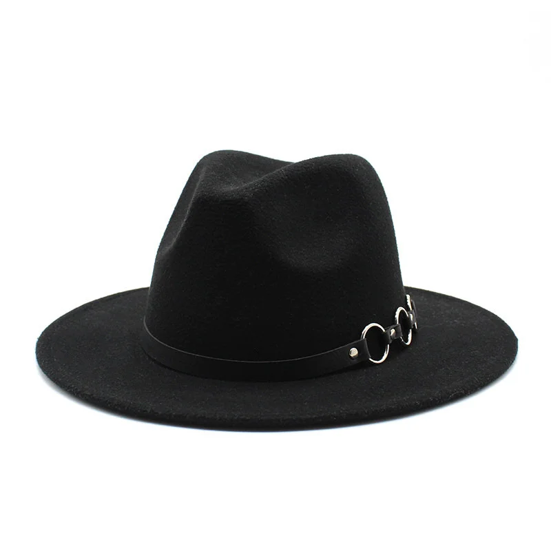 

Winter autumn Men Women Wool Felt white black Fedora Trilby Hat with Belt and Metal Ring Flat Brim Jazz Party Formal Top Hat