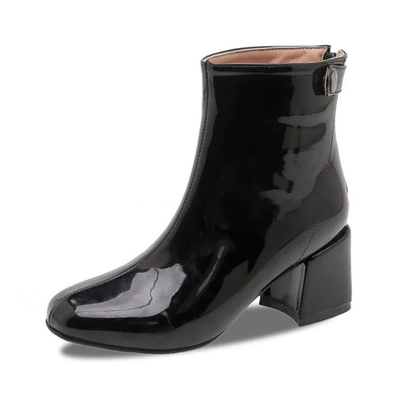 RIZABINA/ г. Ботильоны женские, большие размеры 32-46, Зимние Туфли-челси из лакированной кожи женская теплая меховая обувь на молнии на высоком каблуке - Цвет: Черный