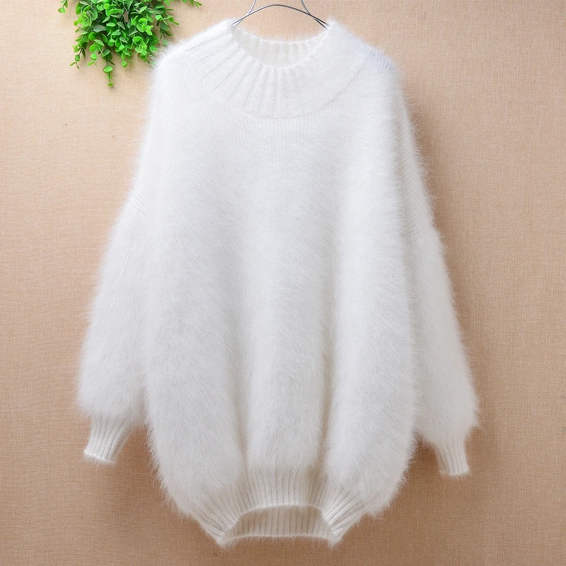 Casual fashion ladies women winter hairy mink cashmere o-neck long lantern sleeves loose lazy oaf angora fur jumper sweater pull