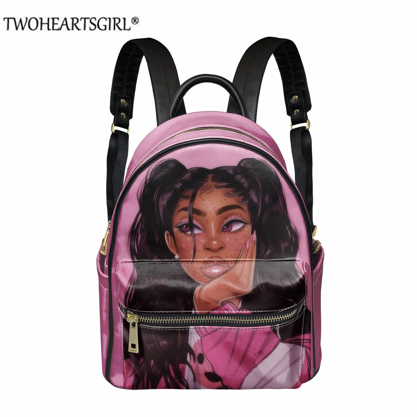 Mochila de Couro do Plutônio Backbags para Meninas Twoheartsgirl Preto Menina Moda Feminina Arte Mulher Africana Design Viagem Bagpack