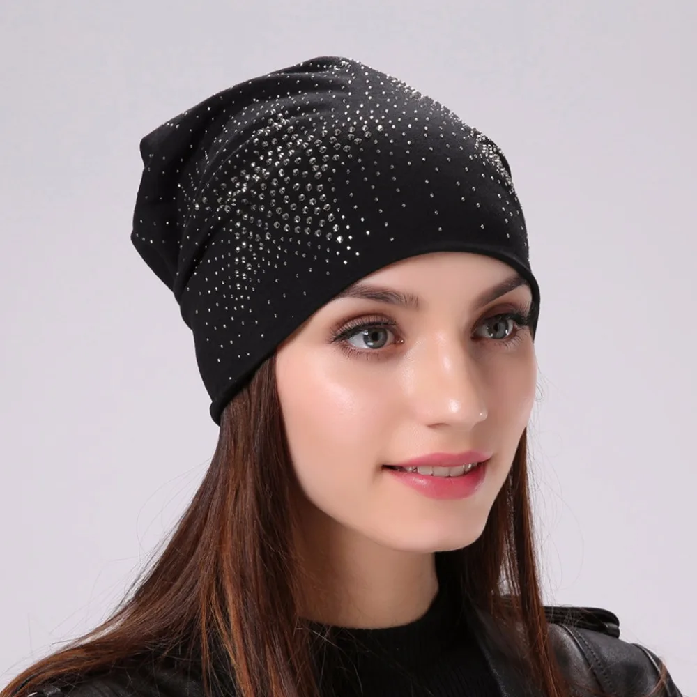 Geebro Brand Women's Beanie Hat Fashion Star Shine Rhinestones Beanies Skullies Caps For Ladies Female Casual Plain Bonnets |