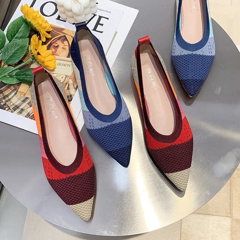 Pointed Shallow Shoes Women Flat Shoes Knit Moccasin Mixed Color Ballet Woman Soft Single Shoe Breathable Mujer Zapatos De 35-40