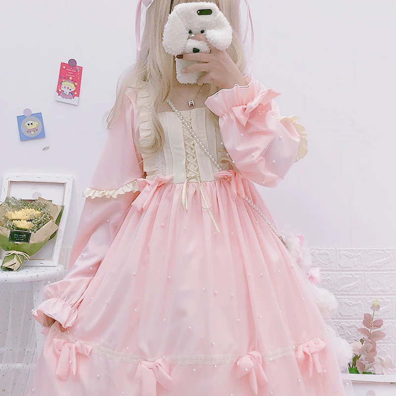 Women Ruffles Bow Lolita Dress Japanese Style Kawaii Girls Sweet Princess Fairy Vintage Mesh Cute Dresses Pink Blue Женская одежда