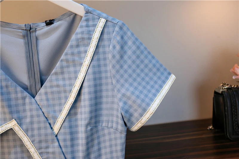 

MissLymi L-4XL Plus Size Women Retro Plaid Dress Blue Summer 2021 Korean Style Short Sleeve High Waist A-line Office Long Dress