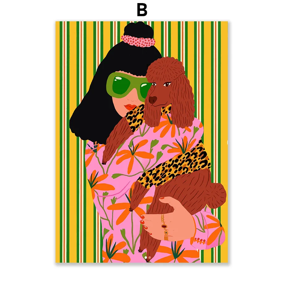 

Natural Retro Wall Art Abstract Colorful Girl Dog Flower Posters Prints Vintage Canvas Painting For Living Room Decor Unframed