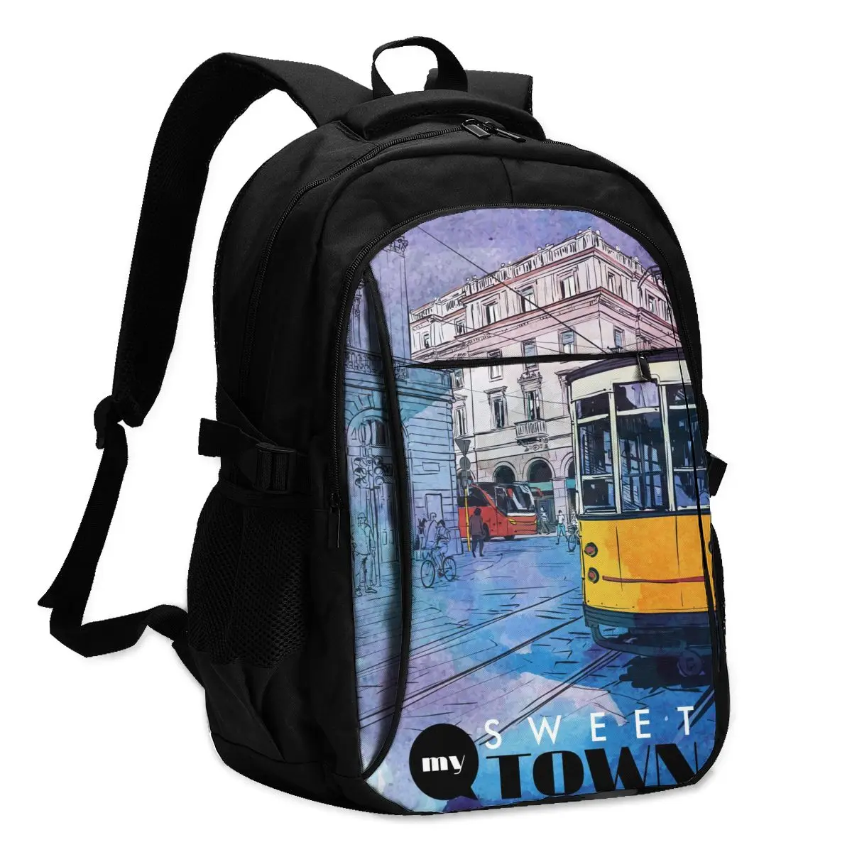 

2021 Прохладный печати ноутбук рюкзак акварель старая трамвай сладкий город Для мужчин зарядка через USB путешествия рюкзак Для женщин Для муж...