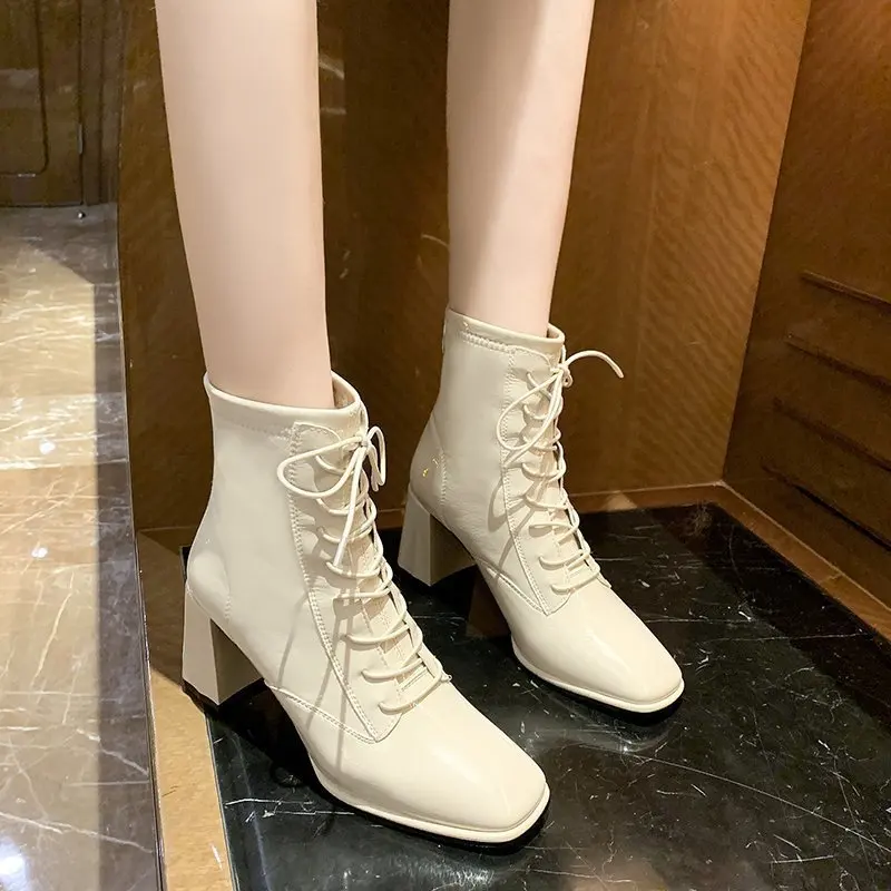 Patent Leather Boots High Heels Ankle Boots Ladies Beige Black Shoes Square Toe Chunky Heels New Fashion Trend Women Fall Shoes