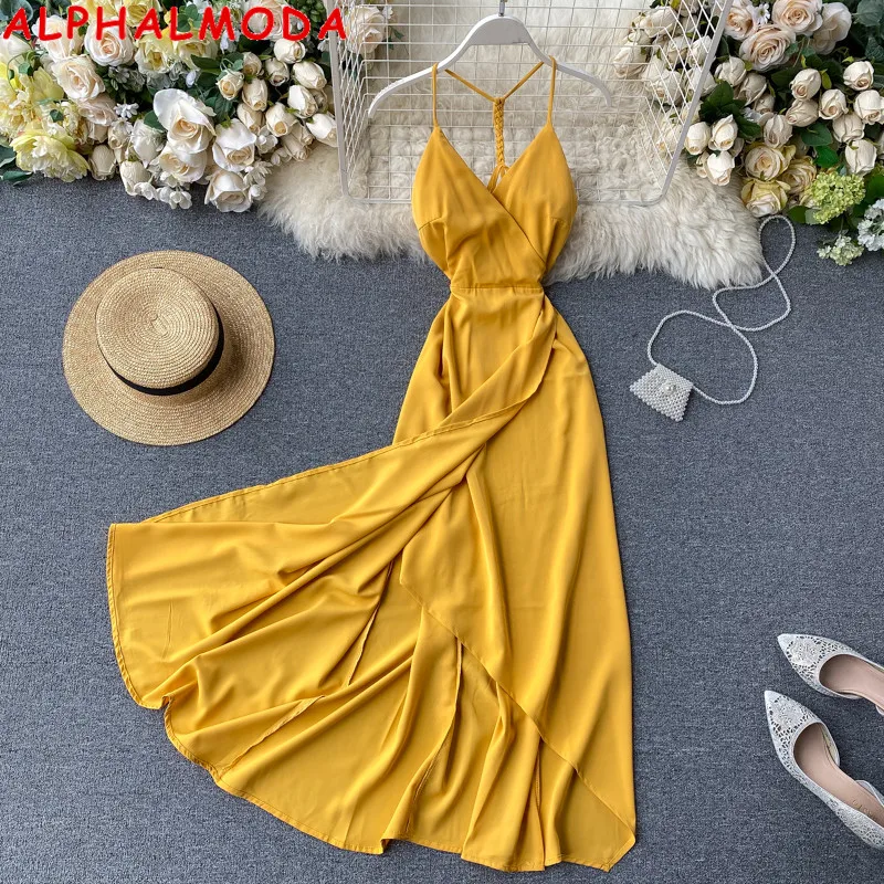

Женское пляжное платье ALPHALMODA, с V-образным вырезом и открытой спиной, с высокой талией, на бретельках, однотонное шифоновое до середины икры ...