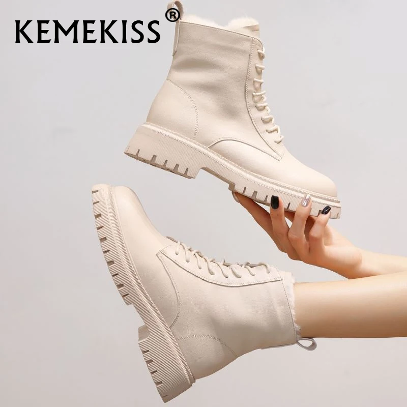 

KemeKiss New Fashion Women Ankle Boots Shoes Flat Heel Lace Up Winter Plush Fur Warm Short Boots Female Footwear Size 35-39