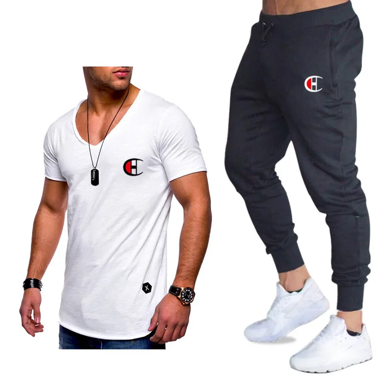 Мужские комплекты футболки + штаны Мужская брендовая одежда движения костюм из
