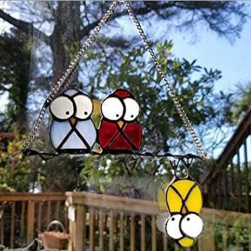 

808B Multicolor Stained Glass Owl Window Hanging Chain Suncatcher Pendant Bird Ornaments for Home Wall Garden Yard Outdoor