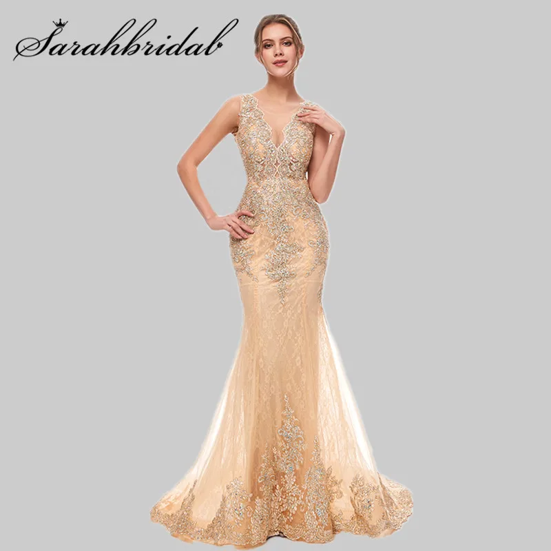 Вечерние платья-русалки цвета шампань длинное Сетчатое платье с аппликацией и
