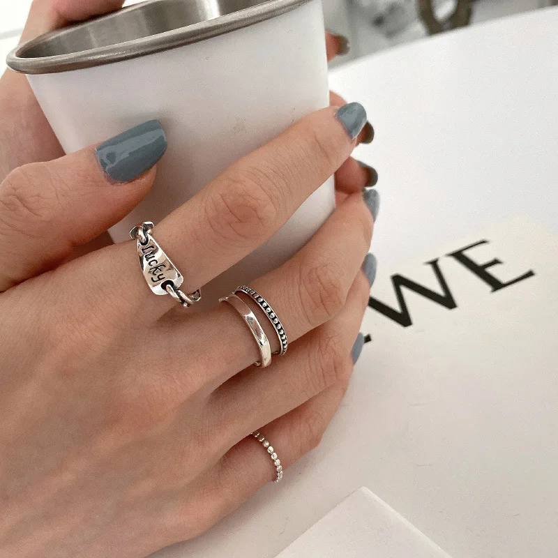 

VENTFILLE Silver Color Lucky Letter Star Ring for Women Girl Gift Dot Double Layer Jewelry 925 Stamp Dropship Wholesale