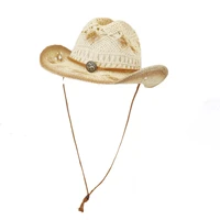 summer hat straw women men sun beach cowboy wide brim with string breathable cap accessory