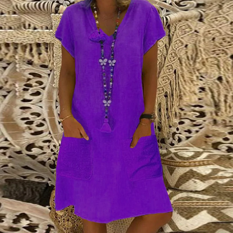 Женское летнее платье с карманами и v-образным вырезом однотонное свободное