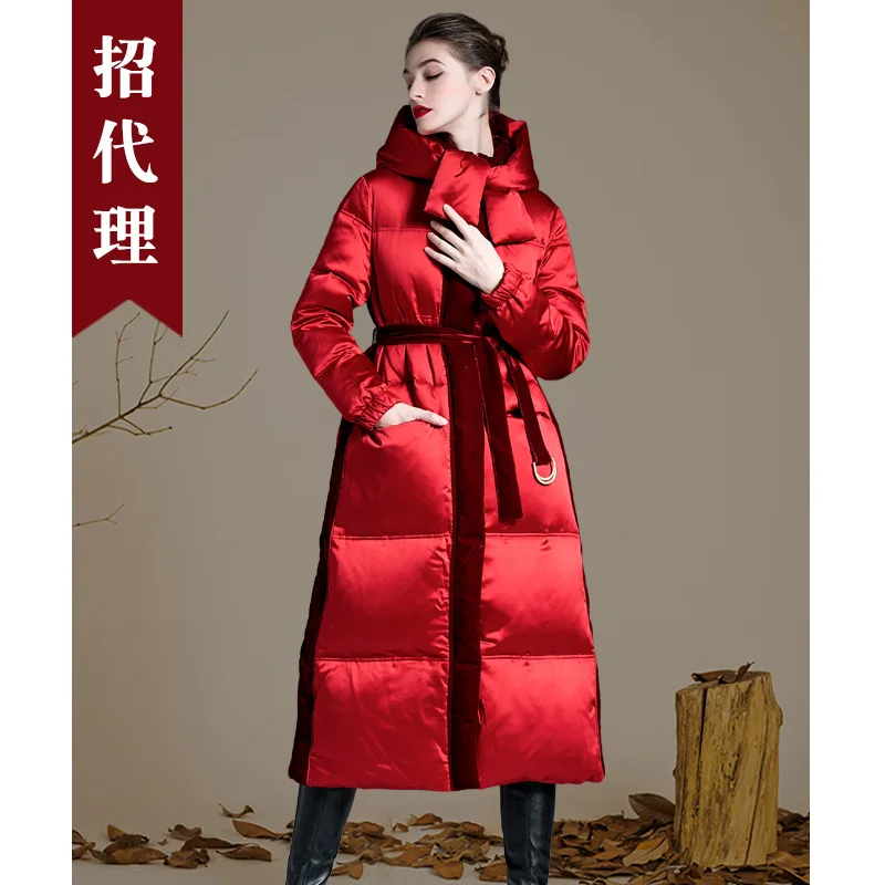 Down jacket women 2021 new super long hooded winter thick luxury over-the-knee white duck down jacket