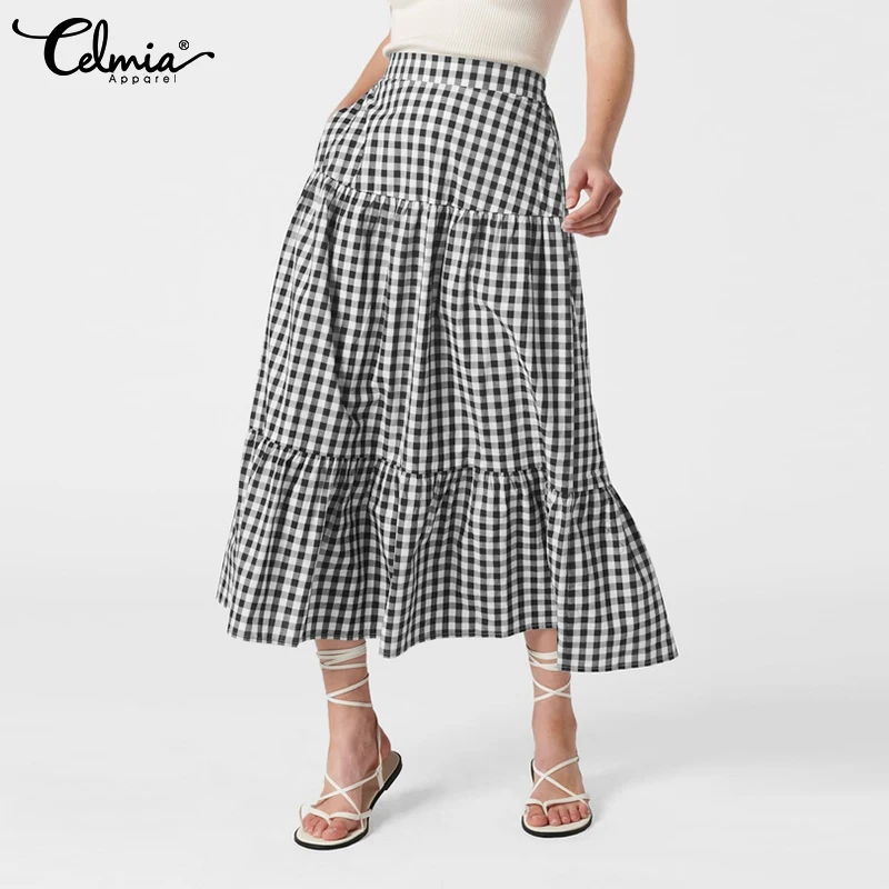

Vintage Women Plaid Long Skirts 2021 Celmia Fashion Elastic High Waist Ruffled Check Skirt Pleated Casual A-Line Skirt