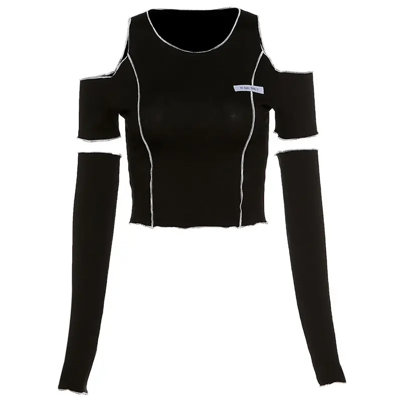

2021 New Stitching Hollow Strapless Short T-shirt All -match Crop Top Female Letter Round Neck Slim O-neck Casual Tops