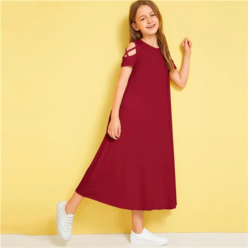 Burgundy SHEIN/однотонное Повседневное платье с открытыми плечами и перекрещивающимися крест-накрест для детей; коллекция года; летние эластичные детские футболки с короткими рукавами - Цвет: Burgundy
